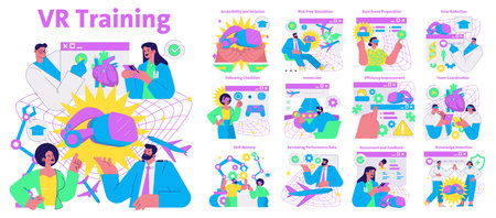 Colorful vector illustration showcasing various virtual reality training aspects. Depicts skill mastery, teamwork, and efficiency improvement through VR technology and immersive experiences.のイラスト素材