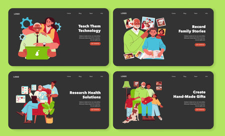 Vector illustration showcasing various family activities, including learning technology, recording family stories, researching health solutions, and creating handmade gifts. Engaging and educational scenes depicted.のイラスト素材
