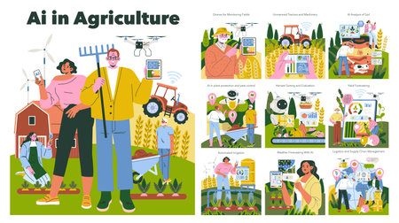 AI-driven agricultural techniques illustrated with drones, smartphone controls, and smart farming equipment. Depicts automated processes like soil analysis, crop monitoring, and irrigation.のイラスト素材