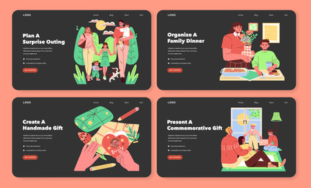 Vector illustration depicting family activities. Includes a surprise outing, organizing a family dinner, creating a handmade gift, and presenting a commemorative gift. Each scene shows cheerful family interactions and creative planning, emphasizing togetherness and celebration.のイラスト素材