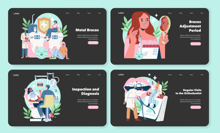 Vector illustrations depicting stages in orthodontic care, including metal braces, adjustment period, inspection, diagnosis, and regular visits with diverse characters and expressions.のイラスト素材