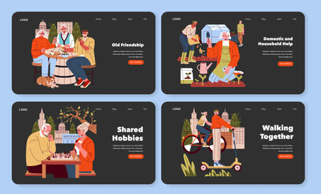 Vector illustration showing elderly friends enjoying various activities together, including gardening, playing games, and riding scooters. Expressions show joy, engagement, and camaraderie.のイラスト素材