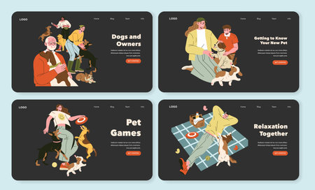 Vector illustration set depicting diverse interactions between people and dogs. Scenes include play, relaxation, and bonding, highlighting joyful connections and playful experiences.のイラスト素材