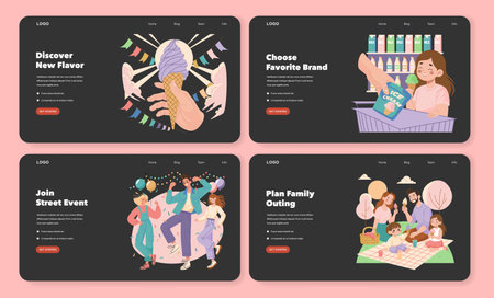Set of vector illustrations showcasing various ice cream themes. Includes discovering new flavors, choosing brands, a lively street event, and a relaxing family outing in a park setting.のイラスト素材