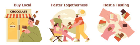 Vector illustration series featuring actions promoting local chocolate shops. Includes scenes of buying locally, fostering community through sharing, and hosting tasting events for engagement.のイラスト素材