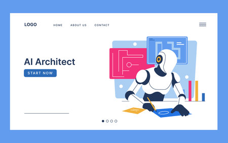 Vector illustration of a robot engaged in an architectural task for a web page design. Depicts a futuristic AI concept with digital elements and creative design.のイラスト素材