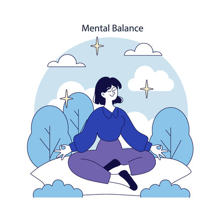 Digital well-being and mental health focus on achieving mental balance through mindfulness and tranquility. The illustration portrays a serene figure meditating in nature, illustrating inner peace.のイラスト素材