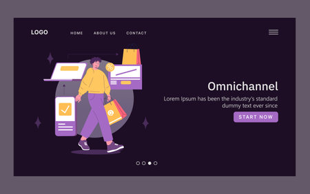Vector illustration of a person walking with shopping bags in a digital retail environment, surrounded by various online shopping icons. Concept of omnichannel retail strategy.のイラスト素材