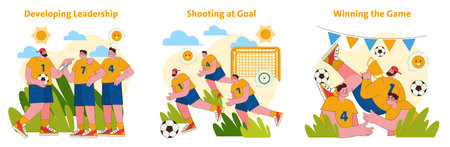 Soccer team engages in leadership discussion, practices goal shooting, and celebrates a victory with a trophy. Players express determination, teamwork, and joy in this vibrant vector illustration.のイラスト素材