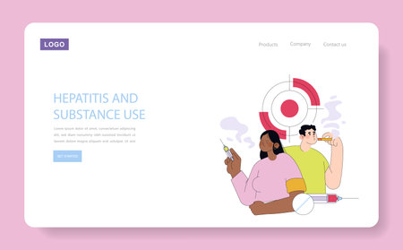 Vector illustration depicting hepatitis and substance use issues. Two individuals display serious expressions, one holding a syringe, the other vaping. Aimed for awareness campaigns.のイラスト素材