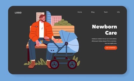 Father spending quality time outdoors with his baby in a stroller, reflecting modern parenthood on a serene day. Vector illustration.のイラスト素材