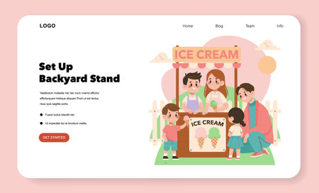 Vector illustration of children happily buying ice cream from a backyard stand. A friendly group interaction with ice cream cones, set against a playful and colorful backdrop.のイラスト素材