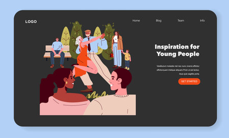 Vector illustration of a diverse group in a park, with people dancing energetically. Others watch with interest and joy. Ideal for themes of community, outdoor activities, and creativity.のイラスト素材