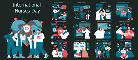 International Nurses Day celebrates the vital contributions of nurses in healthcare. The vector illustration highlights various aspects like patient care, innovation, education, and team collaboration. It reflects the importance of nursing in promoting health and supportive healthcare practices.のイラスト素材