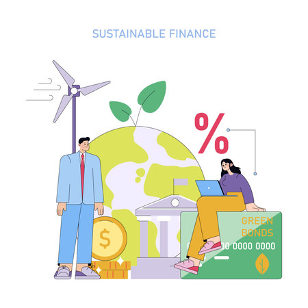 Vector illustration depicting the concept of sustainable finance with elements like wind energy, green bonds, and financial growth. People interact with eco-friendly financial symbols.のイラスト素材