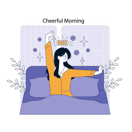 Cheerful morning scene of a woman stretching in bed, embracing a new day with positive energy. The illustration captures a bright atmosphere with light elements that suggest renewal and motivation.のイラスト素材