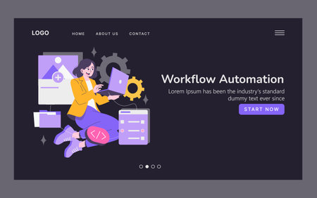 Vector illustration of a woman interacting with various digital tools on a laptop, representing workflow automation concepts. Includes gears, digital interfaces, and coding symbols.のイラスト素材