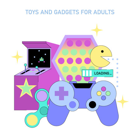 Vector illustration showcasing a colorful assortment of adult gadgets including a joystick, spinner, arcade machine, and iconic retro game elements, emphasizing playful design.のイラスト素材