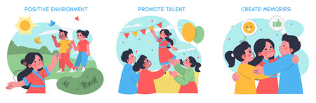 This vector illustration depicts children engaging in outdoor activities, talent shows, and group hugs, highlighting positive environments and joyful interactions among friends.のイラスト素材