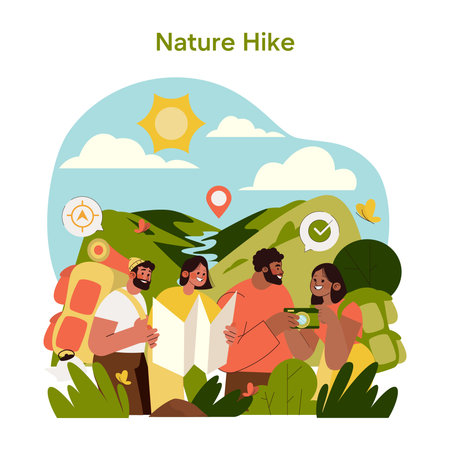 Friends on a nature hike, discussing their route with a map. The scene shows vibrant landscapes and happy expressions, highlighting the joy of outdoor exploration in a vector illustration.のイラスト素材