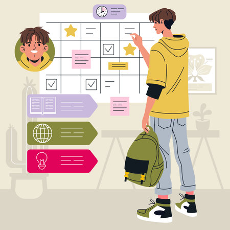 Student analyzing a weekly planner on the wall while holding a backpack. The organized schedule features icons and notes. Vector illustration with educational elements.のイラスト素材