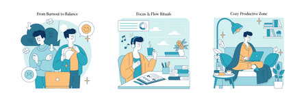 Vector illustration depicting the transition from burnout to balance. The transformation includes...
