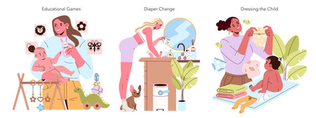 Vector illustration set depicting three parenting activities: playing educational games, changing diapers, and dressing a child. Each scene highlights interactions between adults and children.のイラスト素材
