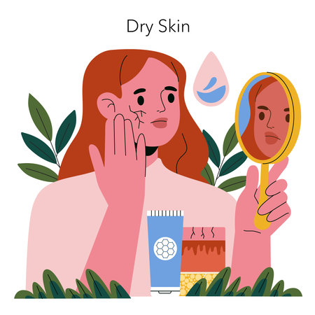 Vector illustration of a person examining dry skin in a mirror. Skincare products are displayed nearby, highlighting concerns about skin dryness and self-care routines.のイラスト素材