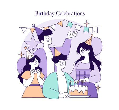 Vector illustration of a joyful birthday celebration with friends. Features people wearing party hats, holding a cake with lit candles, and exchanging happy expressions.のイラスト素材