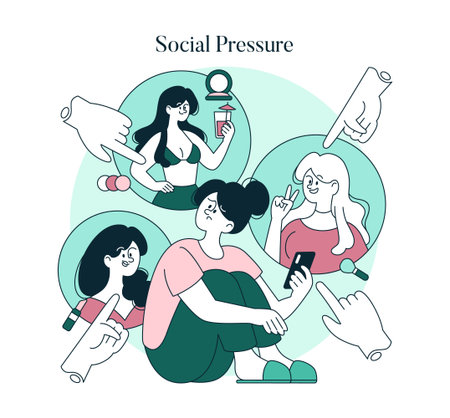 Psychology Of Self Acceptance concept. A young woman sits surrounded by images of idealized people and pointing hands, reflecting on social pressure and the journey to embracing self-worth and confidence. Vector illustration.のイラスト素材