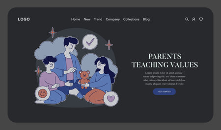 Vector illustration of happy parents teaching values to their children. Sitting together with toys and symbols of love and positivity, they demonstrate family bonding and learning.のイラスト素材