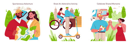 Vector illustrations depict various outdoor activities. A couple reading a map, friends riding a bike and scooter in the city, and a cheerful duo enjoying street food, celebrating shared experiences.のイラスト素材