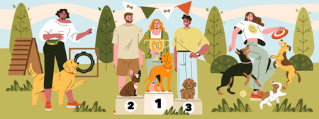 People and their dogs celebrating at a competition award ceremony with playful activities in a vector illustration. Dogs on podiums receiving awards while others enjoy playing with frisbees.のイラスト素材