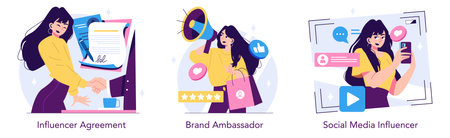 Vector illustration set depicting influencer marketing activities. Includes signing an agreement, brand promotion with a megaphone, and social media interaction with followers.のイラスト素材