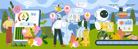 Vector illustration depicting smart farming technology using AI and drones. People analyze agricultural data on tablets, while drones assist in crop management and distribution.のイラスト素材