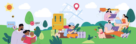 Vector illustration of diverse family enjoying outdoor activities with children. A father reading with a child, another child exploring nature, and a group using devices, set in a park.のイラスト素材