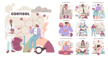Vector illustration exploring cortisols impact on health. Depicts stress effects, related diseases, prevention tips, and lifestyle management strategies with visual guides.のイラスト素材