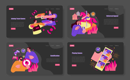 Vector illustration highlighting engaging team games and gamification. Depicts people participating in various interactive activities, showcasing dynamic game elements and teamwork concepts.のイラスト素材