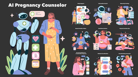 AI Pregnancy Counselor. This illustration highlights a supportive AI companion designed to assist expectant mothers with daily guidance, mental health resources, nutritional advice, and prenatal tips. It combines technology and caring support for a comprehensive pregnancy experience. Vector illustration.のイラスト素材