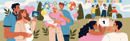 Illustration showcasing a joyful celebration of a newborn baby with a couple holding an ultrasound and baby, alongside children on a podium, highlighting family milestones and achievements.のイラスト素材