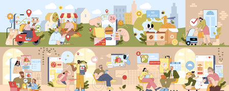 Vector illustration depicting sustainable food practices and digital e-commerce. Scenes include online ordering, eco-friendly packaging, meal preparation, and delivery, emphasizing technology and sustainability.のイラスト素材