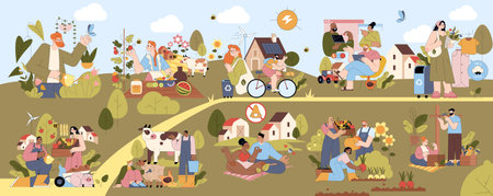 This vibrant vector illustration depicts various scenes of community life focusing on sustainability. People engage in gardening, biking, recycling, and enjoying nature in rural settings.のイラスト素材