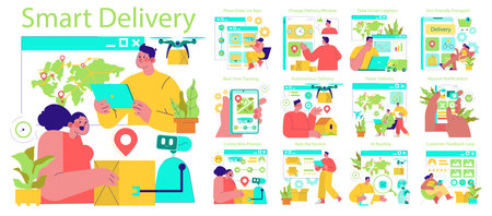 Vector illustration showcasing smart delivery technology concepts. Features multiple scenes highlighting data-driven logistics, contactless processes, and eco-friendly transport innovations.のイラスト素材