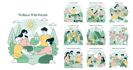Vector illustration set depicting friends engaging in wellness activities like yoga, hiking, and cooking. Each scene highlights fun, relaxation, and togetherness in nature-focused settings.のイラスト素材