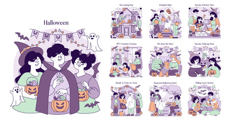 Halloween-themed vector illustration features fun activities such as costume creation, trick-or-treating, and telling scary stories. Characters enjoy festive decorations and Halloween treats.のイラスト素材