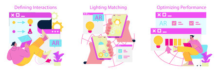 Vector illustration set depicting augmented reality concepts. Includes interaction definition,...