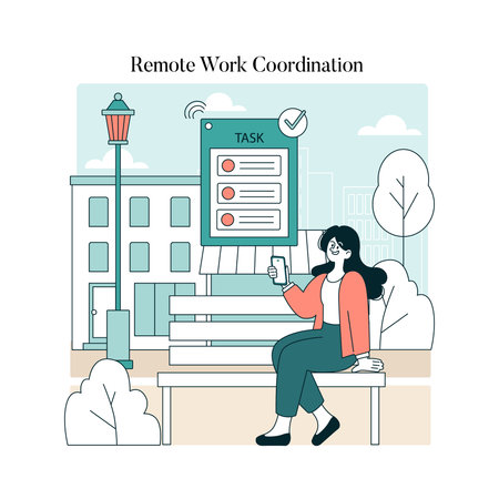 Vector illustration of a woman sitting on a park bench, managing tasks on her smartphone. A task board is visible in the background, conveying remote work themes and outdoor coordination.のイラスト素材