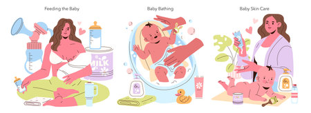 Baby care vector illustration set showing feeding, bathing, and skin care routines. Includes mother and baby in various activities. Ideal for parenting and childcare themes.のイラスト素材