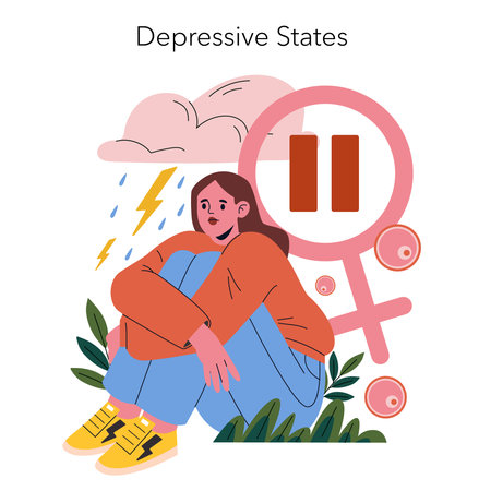 Vector illustration of a woman in a thoughtful, introspective pose. Surrounding elements like clouds and female symbols express themes of depression, introspection, and emotion.のイラスト素材