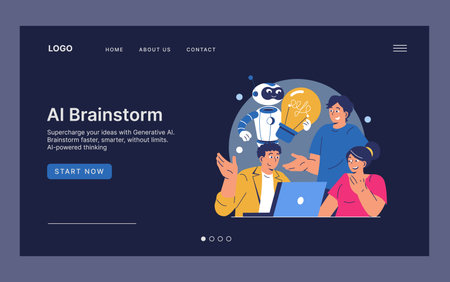 Vector illustration of a group brainstorming with an AI robot holding a lightbulb symbolizing ideas. Team of three collaborates using a laptop, displaying curiosity and excitement.のイラスト素材